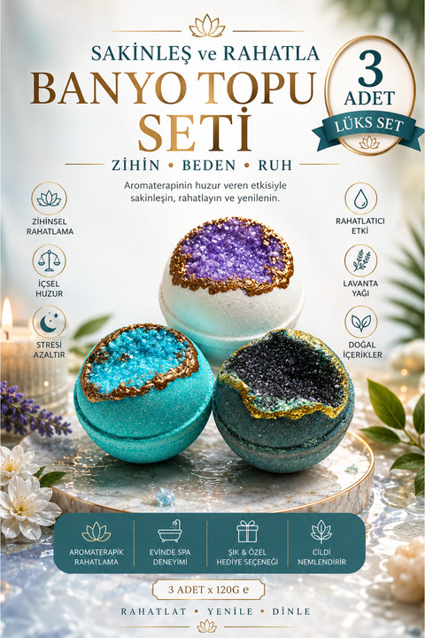 bath box Bathbox Sakinleş Ve Rahatla, Banyo Topu Seti, Nem Bombası, Küvet & Pedikür Topu 3 Adet 130 gr