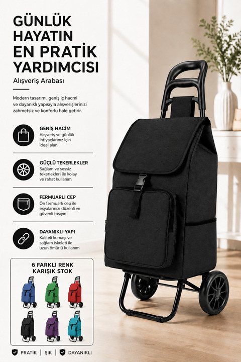 Vadi Ses Yapmaz Tekerlekli Su Geçirmez Çantalı Katlanabilir Pazar Arabası