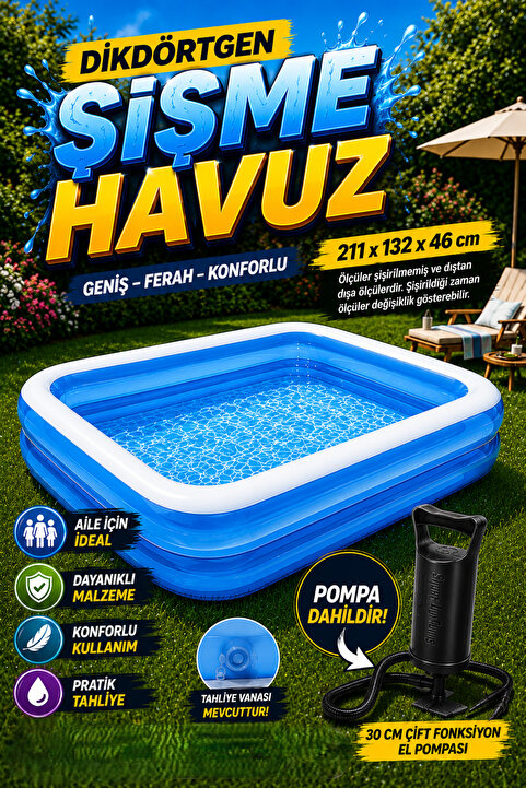 jetlegelsin Büyük Boy Dikdörtgen Şişme Aile Havuzu 211x132x46cm - Pompa Hediyeli