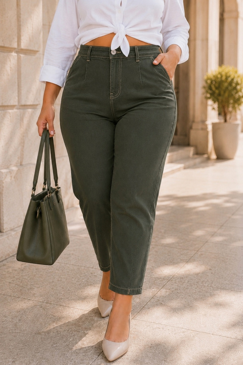 CEDY DENIM Mom Fit Jean Büyük Beden Yüksek Bel Carrot Kesim Dar Paça Pileli Esnek Kot Pantolon C600-haki