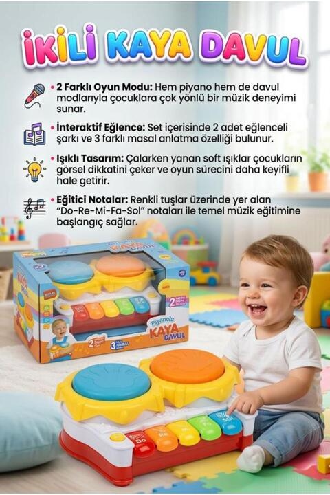 Tıfıl Toys Piyanolu İkili Kaya Davul! Işıklı Sesli Müzikli Masal Anlatan Şarkı Çalan Eğitici Oyuncak Enstrüman