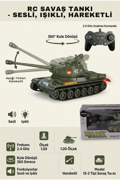 welcomein Oyuncak 2.4 Ghz Uzaktan Kumandalı Sesli Işıklı Tank 360° Dönebilen Namlusu Hareketli RC Tank