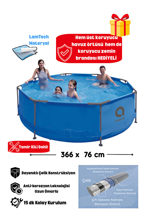 Kalitomi 366x76 cm Metal Gövde Bahçe Havuzu – Paslanmaz Çelik Konstrüksiyon Aile Havuzu + Örtü ve Zemin Brandası Hediyeli Tamir Kiti Dahil