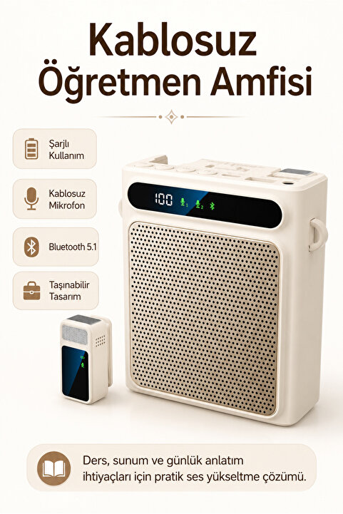 Zilvana Krem Kablosuz Yaka Mikrofonlu Taşınabilir Öğretmen Rehber Amfisi Bluetooth 5.1 Şarjlı 2000mAh 5W Ses Yükseltici USB MP3 Destekli Askılı Bel Tipi Hoparlör