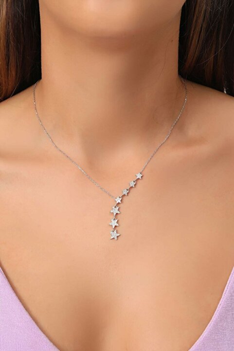 Bilsen Store Tamamı 925 Ayar Gümüş Beyaz Zirkon Taşlı Sıralı Yıldız Model Kolye