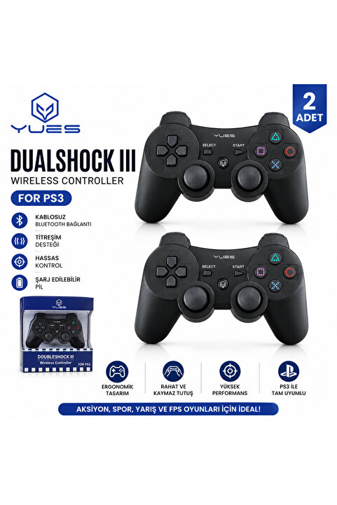 YUES PS3 Uyumlu Kablosuz Oyun Kolu 2’li Set – DualShock 3 PS3 Joystick Titreşimli Şarjlı Controller