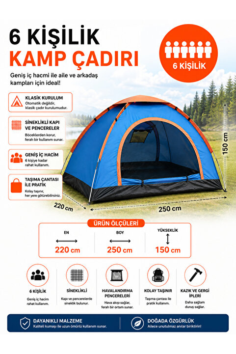 Realx 6 Kişilik Kamp Çadırı Su Geçirmez Kolay Kurulum Kaliteli Çadır