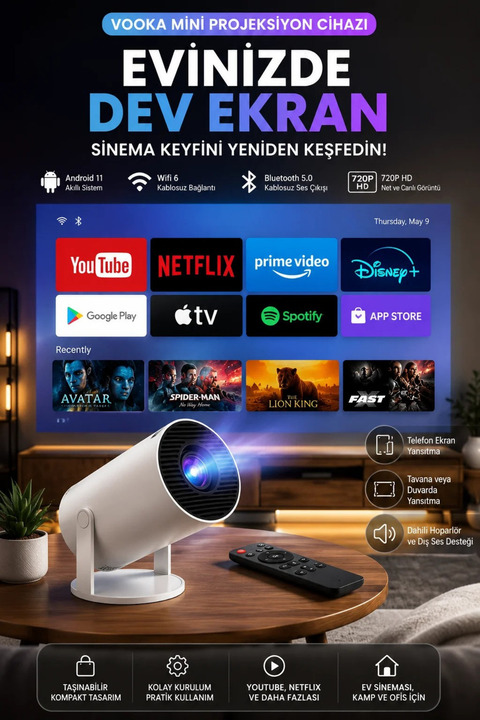 VOOKA Taşınabilir Mini Projeksiyon Cihazı Android 11 Wifi Bluetooth Akıllı Ev Sineması Projektör
