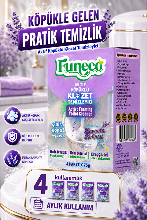 FUNECO Klozet Tuvalet WC Temizleyici, 300g, Aktif Köpüklü, Ekolojik Doğa Dostu, Aylık Paket, Lavanta