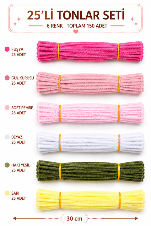 Hobialem 150 Adet 6'lı Şönil Seti Soft Pembe, Sarı, Gül Kurusu, Fuşya, Beyaz, Haki Yeşil ,Çiçek Yapım Tel