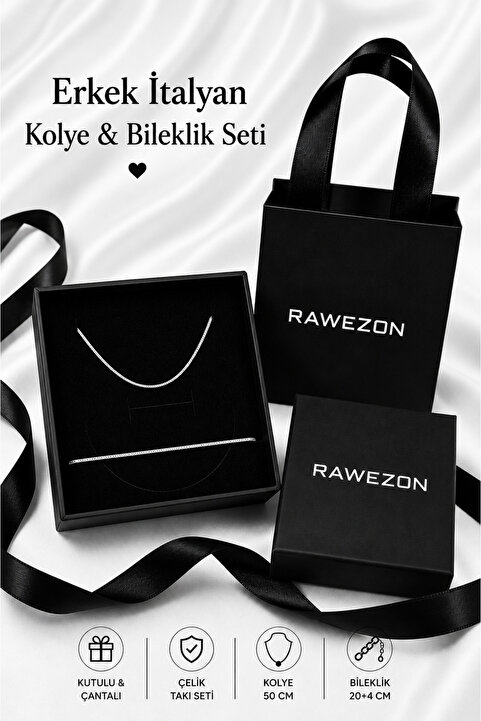 RAWEZON İtalyan İnce Zincir Çelik Kolye ve Bileklik Erkek Hediye Seti | Sevgiliye Hediye Erkek Arkadaşa Hediye Kutulu Çantalı