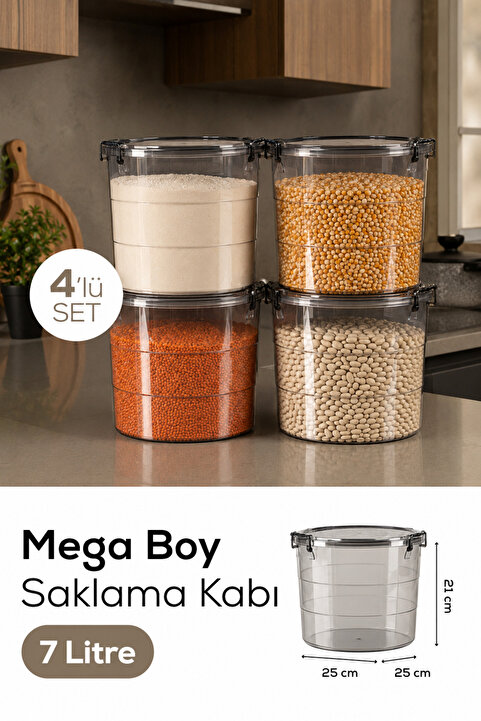 Vienev Mega Boy 4'lü Yuvarlak Un Bakliyat Kabı 7 Litre - Kulplu Deterjanlık Saklama Kutusu Kabı Antrasit