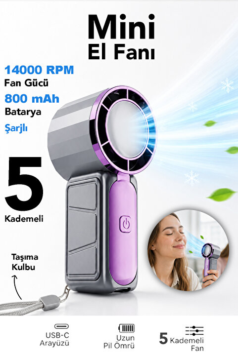 mimtec Taşınabilir Mini El Fanı - 800mAh USB Sarjlı Soğutucu 5 Kademeli Mini Vanitalatör Gri