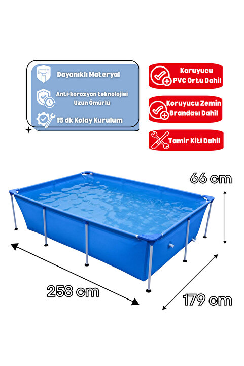 Kalitomi 258x179x66 cm Metal Gövde Bahçe Havuzu – Paslanmaz Çelik Konstrüksiyon Aile Havuzu + Örtü ve Zemin Brandası Hediyeli Tamir Kiti Dahil