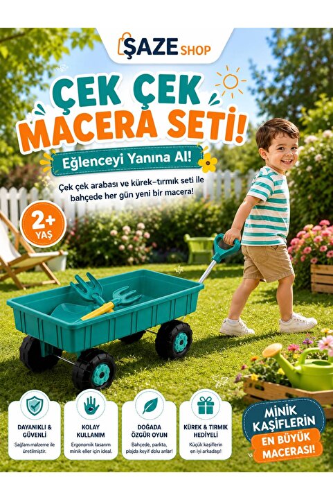 SAZE Çek Çek Macera Arabası Kum ve Bahçe Oyun Seti – Kürek Tırmık Aparatlı, Plaj Bahçe Park Kum Havuzu Oyuncağı 2+ Yaş