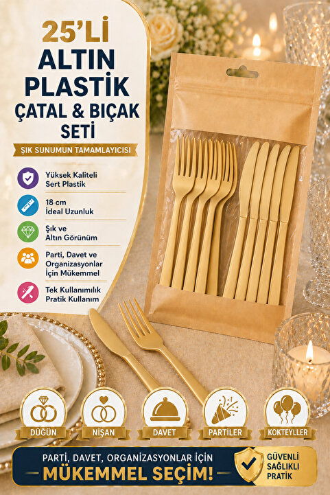 OpenCity 25’li Set Altın Plastik Çatal Bıçak Seti Kullan At Parti Davet Düğün Şık Sunum Seti Lüks Görünüm
