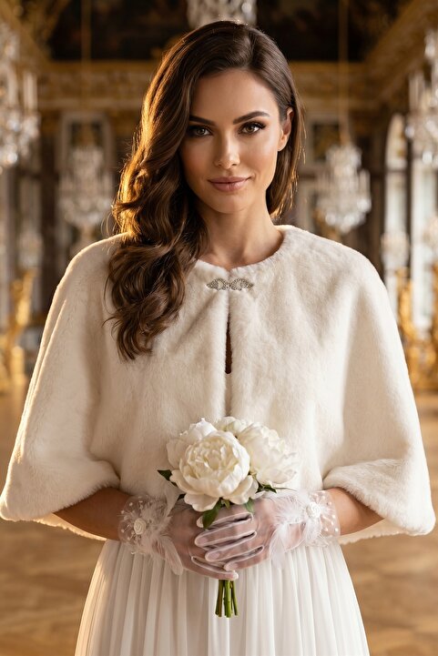 Elegance Scarf Broşlu Premium Kürk Etol Gelin Bolero Kürk Bolero Gelin Şalı Gelin Kürkü Omuz Şalı Kırık Beyaz