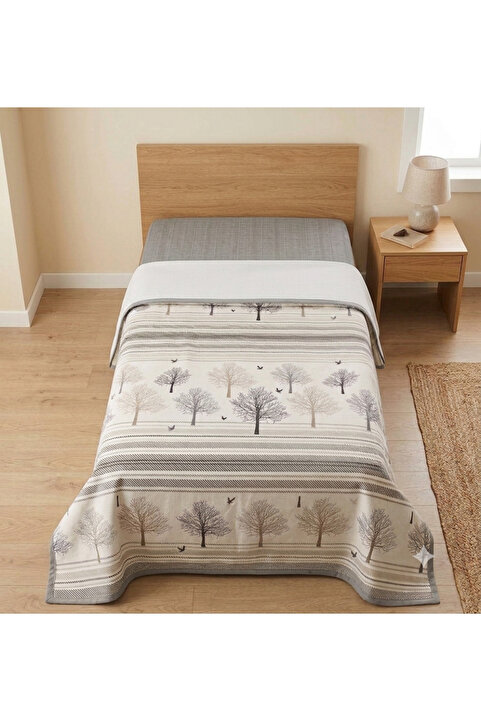 ŞENER HOME Hayat Ağacı Desen Baskılı 150x240 Cm. Tek Kişilik Tek Pike - Gri