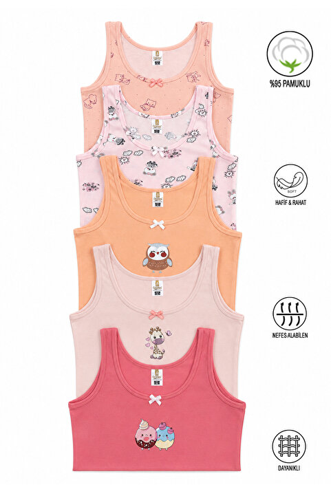 ÖZKAN underwear Özkan 41600 5'li Paket Kız Çocuk Karışık Renkli Desenli Pamuklu Yumuşak Rahat Kalın Askılı Atlet