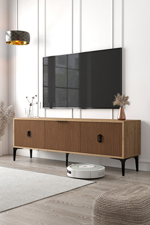 Evmo Home 3503 Neva 150 cm Modern TV Ünitesi 3 Kapaklı Çizgili Ayaklı TV Sehpası Sepet Renk