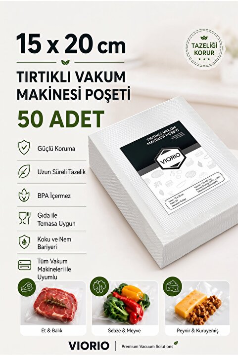 VI'ORIO 15x20 Tırtıklı Vakum Makinesi Poşeti 50 Adet