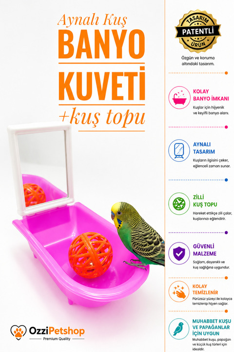 ozzipetshop Kuş Banyo Küveti Zilli Kuş Topu Muhabbet Kuşu Papağan Banyo Seti