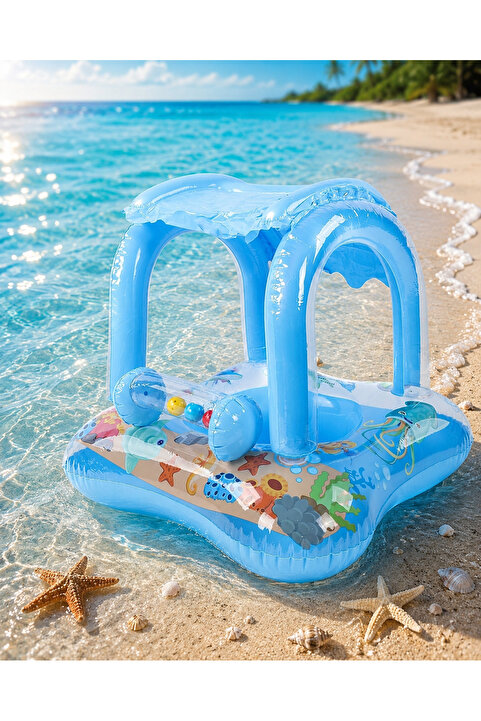 RAMEH Kara Mavi Gölgelikli Tenteli Çocuk Deniz Simiti Baby Float Bebek Deniz Simiti 0-3 Yaş Bebek Botu