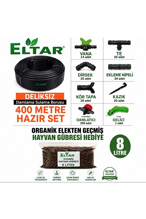 ELTAR Deliksiz Düz 400 Metre Damla Sulama Sistemi Ve Ek Parçaları Damlama Borusu Hortumu Hazır Set