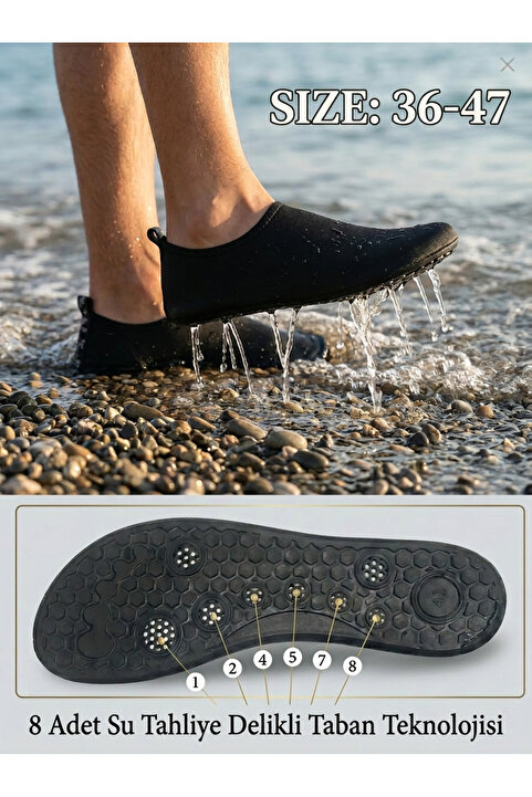 Sea&Blue Siyah Kaymaz Tabanlı Deniz Ayakkabısı - Esnek Plaj ve Havuz Ayakkabısı - Deniz Patiği