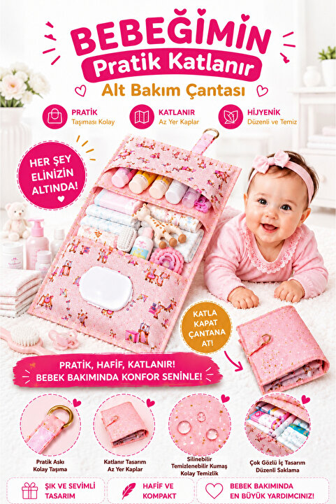 Özlem Toys Bebeğime Pratik Katlanır Alt Değişim Bakım Çantası (PEMBE RENK)