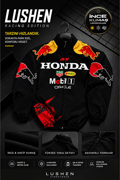 Lushen Honda Siyah Dijital Baskılı Unisex Motorcu Yağmurluk Rüzgarlık İnce Ceket