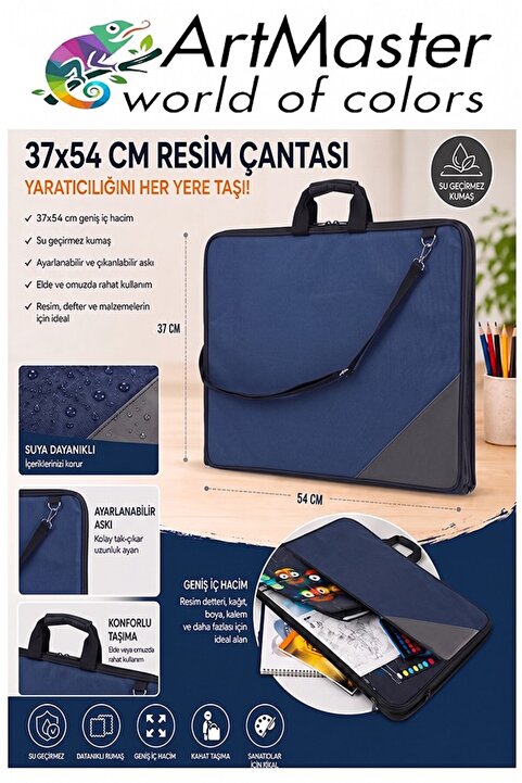 Artmaster Lacivert Resim Çantası Kumaş 37x54 cm 1 Adet Teknik Resim Dosya Çantası 35x50 cm Askılı Bez Proje Ça