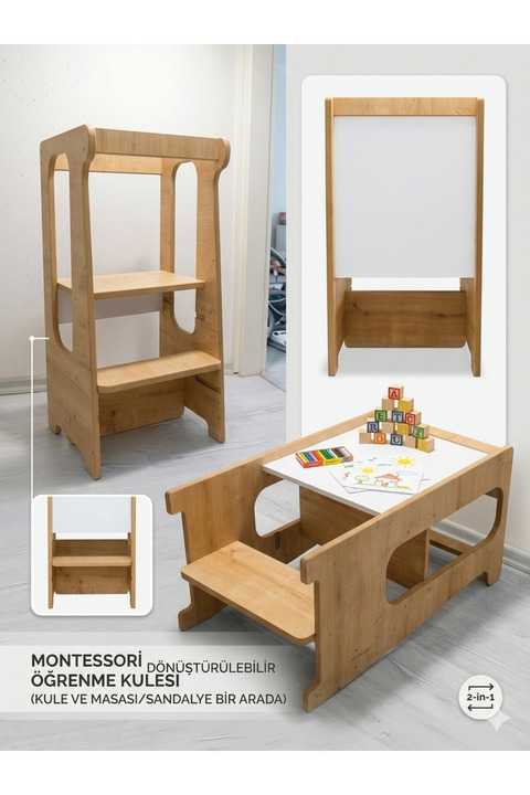 Cute&Wood Cute Wood - Montessori Öğrenme Kulesi & Masası: Çocuklarınızın Hayal Gücünü ve Bağımsızlığını Geliştirin!