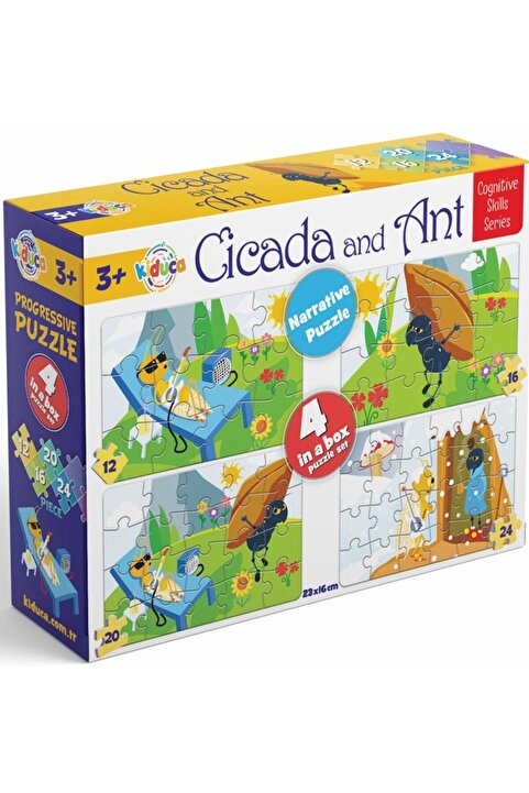 Kiduca Cicada And Ant (Ağustos Böceği İle Karınca) Hikayeli ve Kademeli Puzzle (4 Puzzle 1 Arada)
