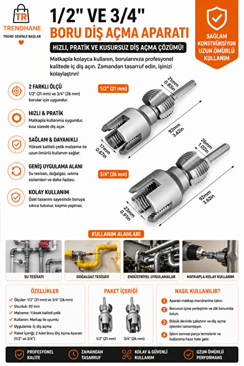 Trendhane 2’ li Set İç Dış Plastik Boru Diş Açma Seti 1/2 ve 3/4 İnç Borularla Uyumlu