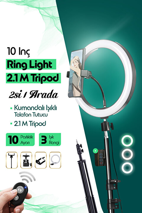 EN SİGA Kumandalı Youtuber Tiktok Çekim Işıklı Telefon Tutucu Makyaj Işığı Ring Light 10 Inç + 2.1 M Tripod