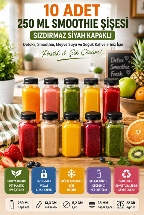 Open Home Concept 10 Adet Smoothie Detoks Şişesi Şeffaf Plastik Sızdırmaz Kapak Köşeli Meyve Suyu Şişesi 250 Ml