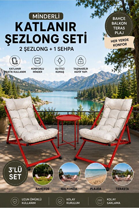 HASTUNÇ Premium Konfor Minderli Katlanır Şezlong Seti - İkili Bahçe Balkon Teras Plaj Şezlongu + Sehpa