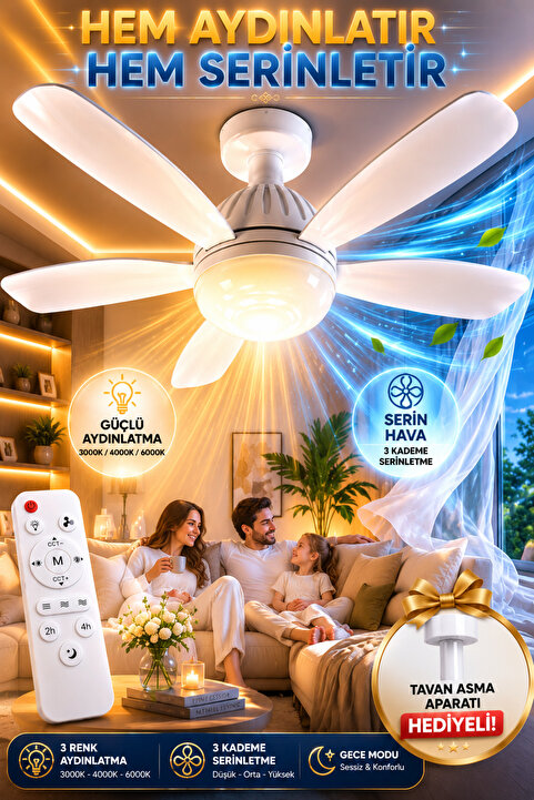 Nisaluce Hediyeli 🎁 Kumandalı Tavan Vantilatörü Pera Aparatlı Ledli Ampullü Beyaz || 3 Renk Işık Aydınlatma Pervaneli Lamba Metal Tavan Aparatı Hediyeli Fanlı Avize SESSİZ ÇALIŞMA Tavan Tipi Vantilatör Işıklı