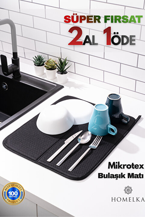 HOMELKA Mikrotex Bulaşık Matı Süper Emici Bulaşık Kurutma Matı 45x36cm Tezgah Üstü Bulaşık Matı Siyah