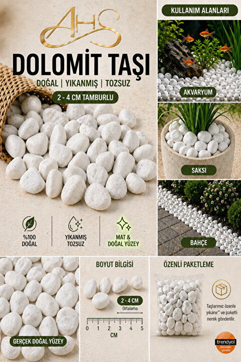 AHS Beyaz Dolomit Taş 25 Kg 2-4 Cm Dere Çakıl Taşı Bahçe Peyzaj Süs Taşı Saksı Teraryum Akvaryum Taş