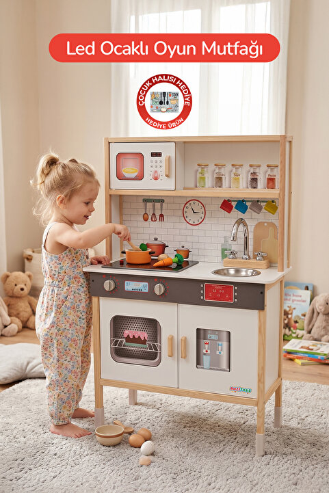 ROZİTOYS Ahşap Oyuncak Mutfak Montessori Mutfak, Led Ocaklı Çocuk Mutfağı, Hediye Halı DBK101