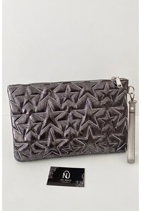 Nubags Yıldız Desenli Silver Portföy & Clutch Çanta Çıkarılabilir Bileklik Askılı 30 x 19
