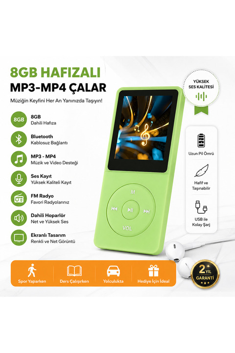 SIGHTZER 8GB DAHİLİ HAFIZALI BLUETOOTHLU MP3-MP4 ÇALAR SES KAYIT FM RADİO DAHİLİ HOPARLÖR EKRANLI MÜZİK ÇALAR