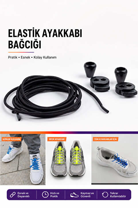 AiryFooT Akıllı Bağcık, Pratik Lastikli Ayakkabı Bağcığı 100 Cm ( Siyah )