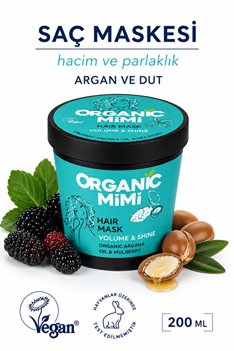 ORGANİC MİMİ Saç Bakım Maskesi Nemlendirici Besleyici, Argan Yağı Ve Dut Özlü Hacim Ve Parlaklık, 200 ml