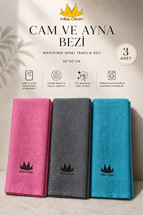 MissClean ( 3 Adet ) Cam Ve Ayna Bezi Mikrofiber Genel Temizlik Bezi Çok Renkli 40*40 Cm