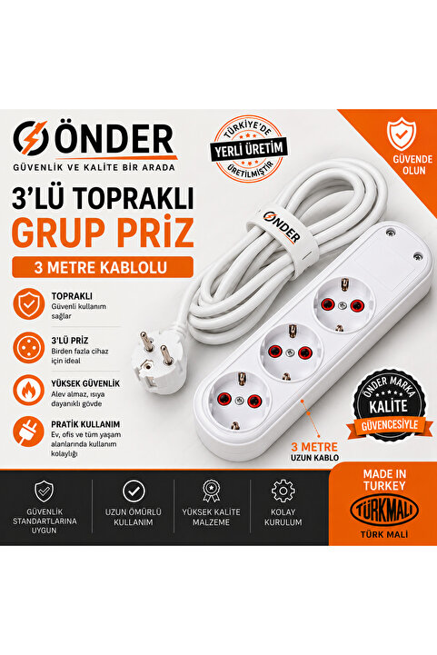 Amiral electric 3 Metre Kablolu Topraklı Ara Kablosu Uzatmalı Seyyar 3lü Grup Priz