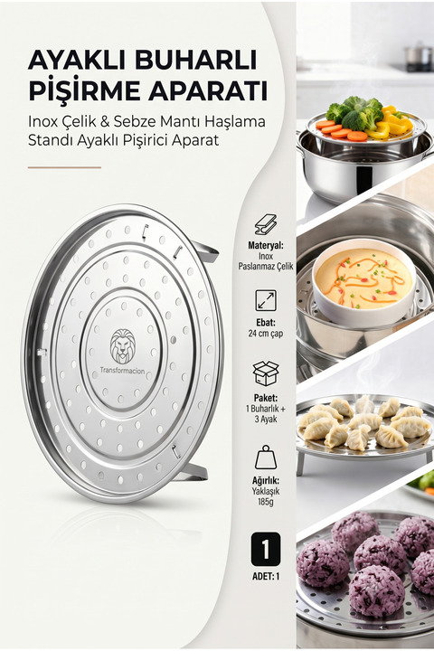 Transformacion Inox Çelik Ayaklı Buharlı Pişirme Aparatı - 24 cm Çok Amaçlı Tencere İçi Haşlama Standı