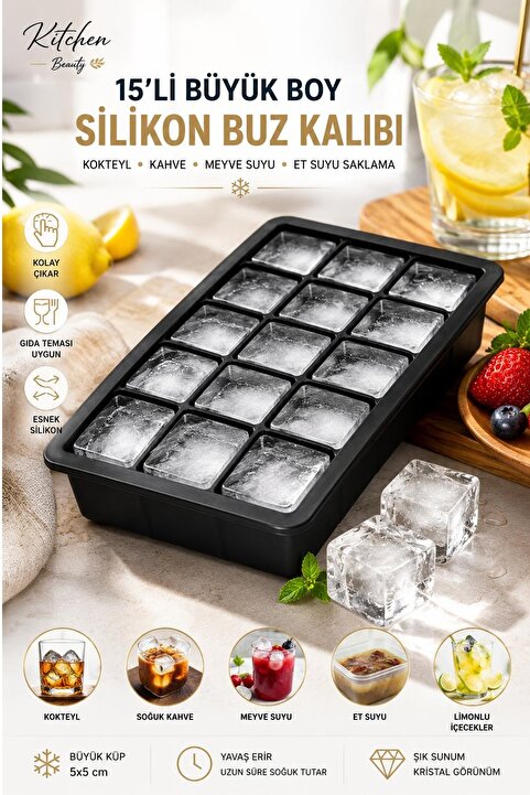 Kitchen Beauty 15 Bölmeli Büyük Boy Silikon Buz Kalıbı Silikon Kare Buzluk Kokteyl Sunum Buz Kalıbı Et Suyu Saklama